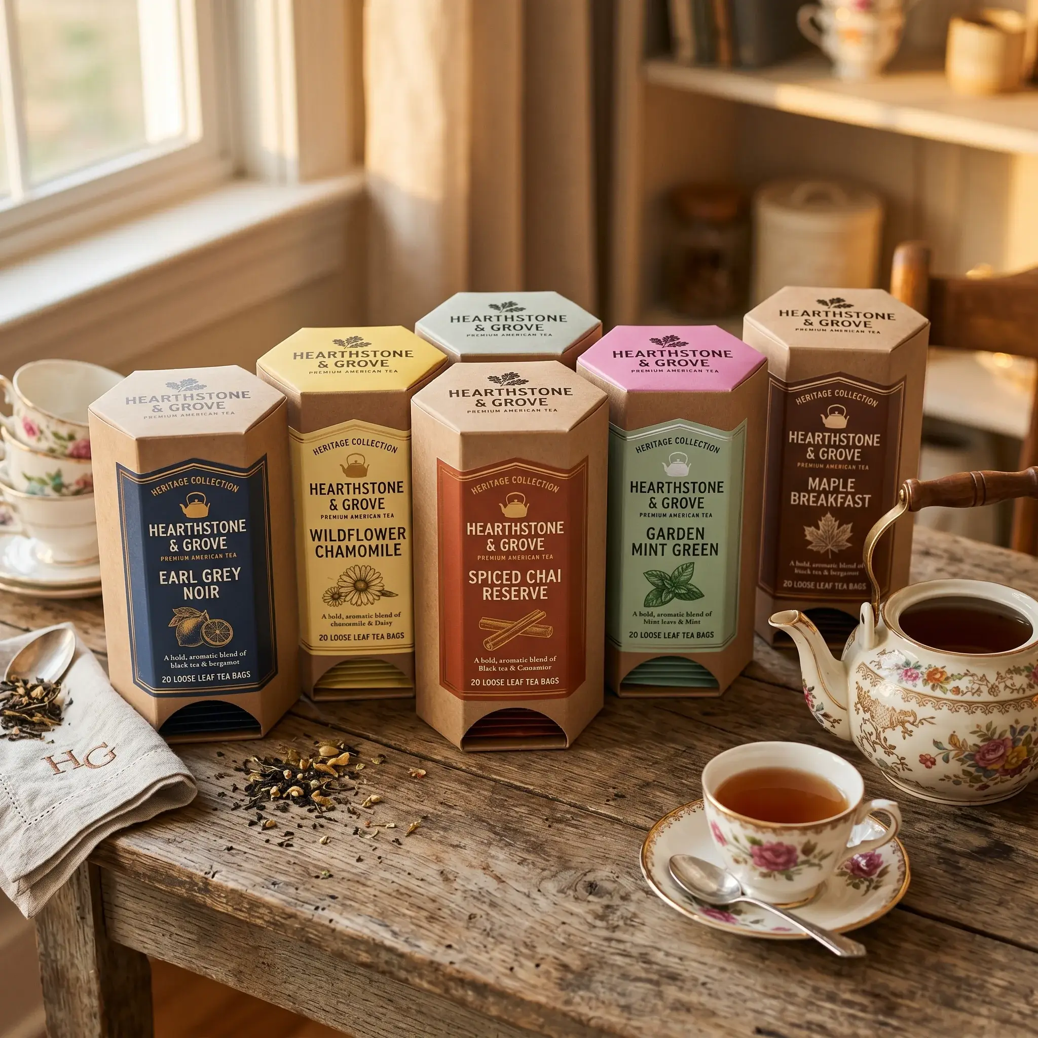 Elegant tea packaging collection featuring Hearthstone & Grove heritage teas in hexagonal boxes on rustic wooden table with vintage teacup and teap...