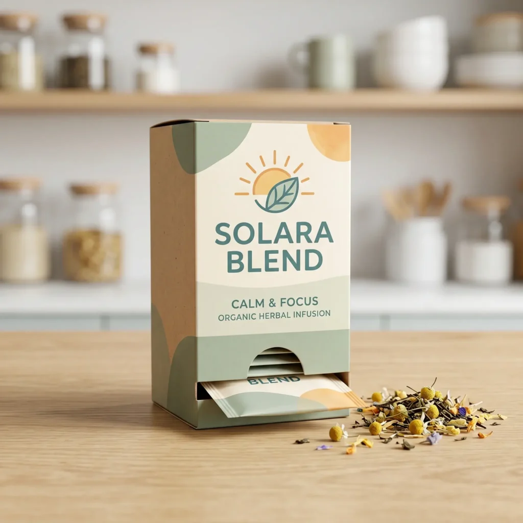 Solara Blend organic herbal tea packaging box in sage green and peach colors on wooden counter with scattered chamomile flowers
