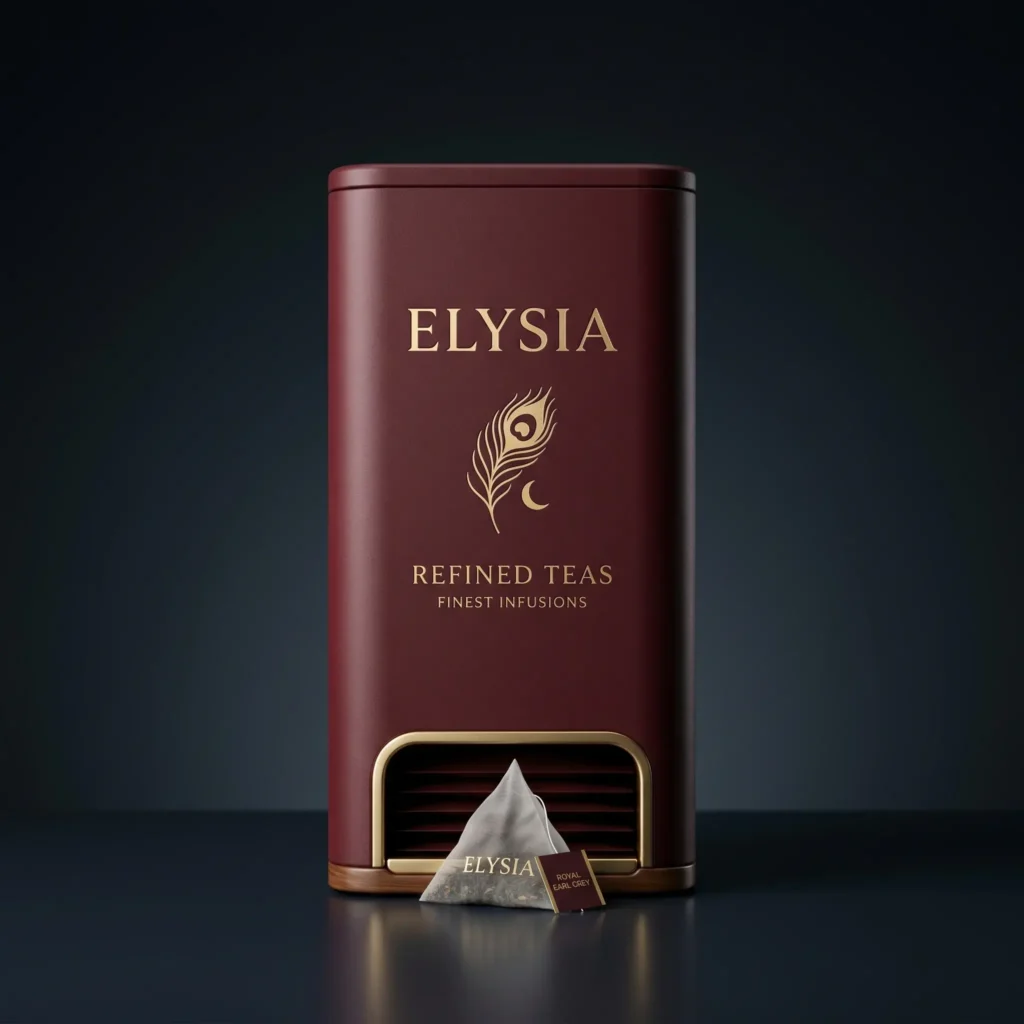 Elegant burgundy Elysia tea tin with gold peacock feather logo and pyramid tea bag, luxury packaging design on dark background