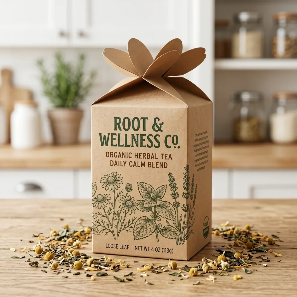 Eco-friendly kraft paper tea packaging with botanical illustrations and loose herbal tea blend scattered on wooden kitchen counter