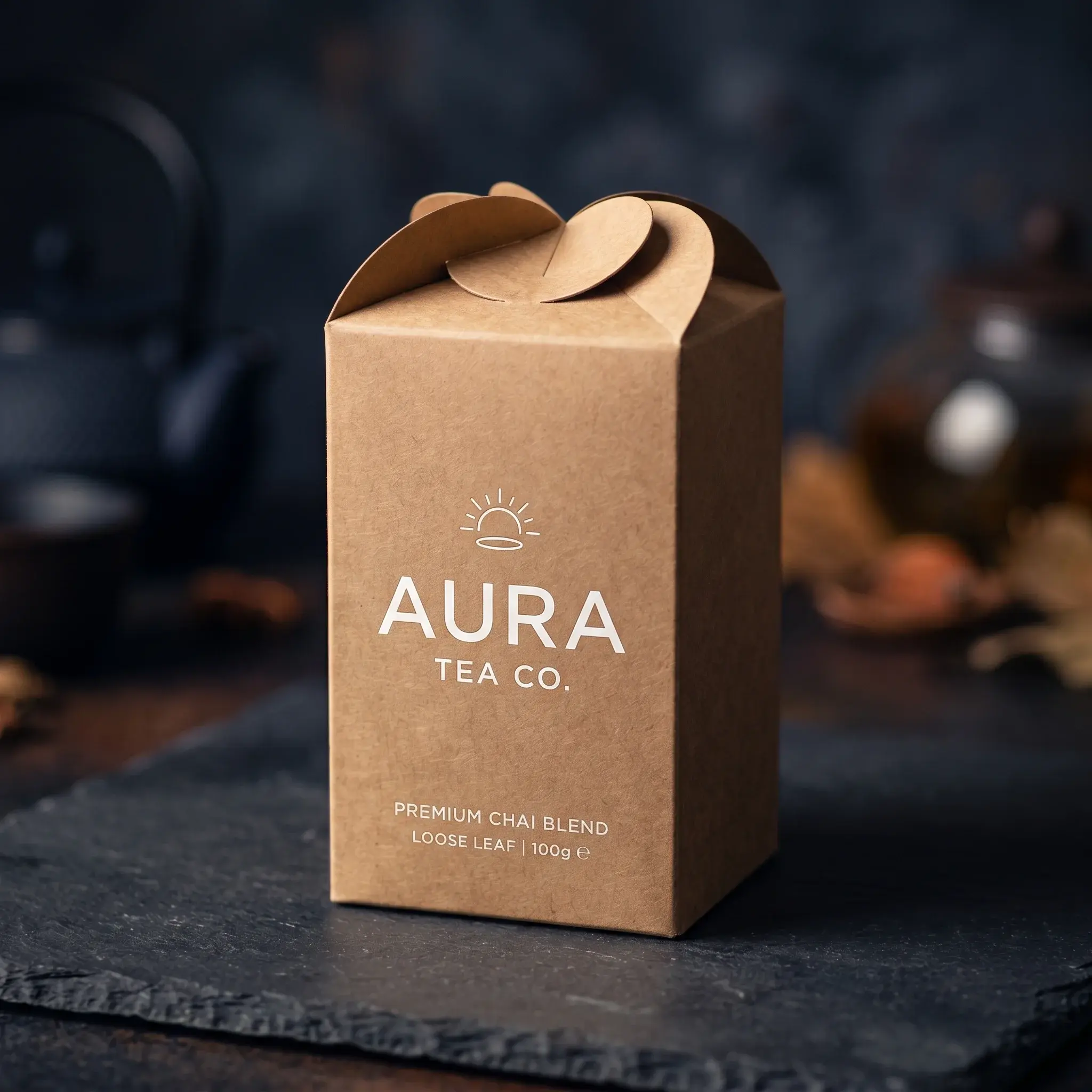 Premium kraft cardboard packaging box for Aura Tea Co chai blend with handle, featuring minimalist design on dark slate surface