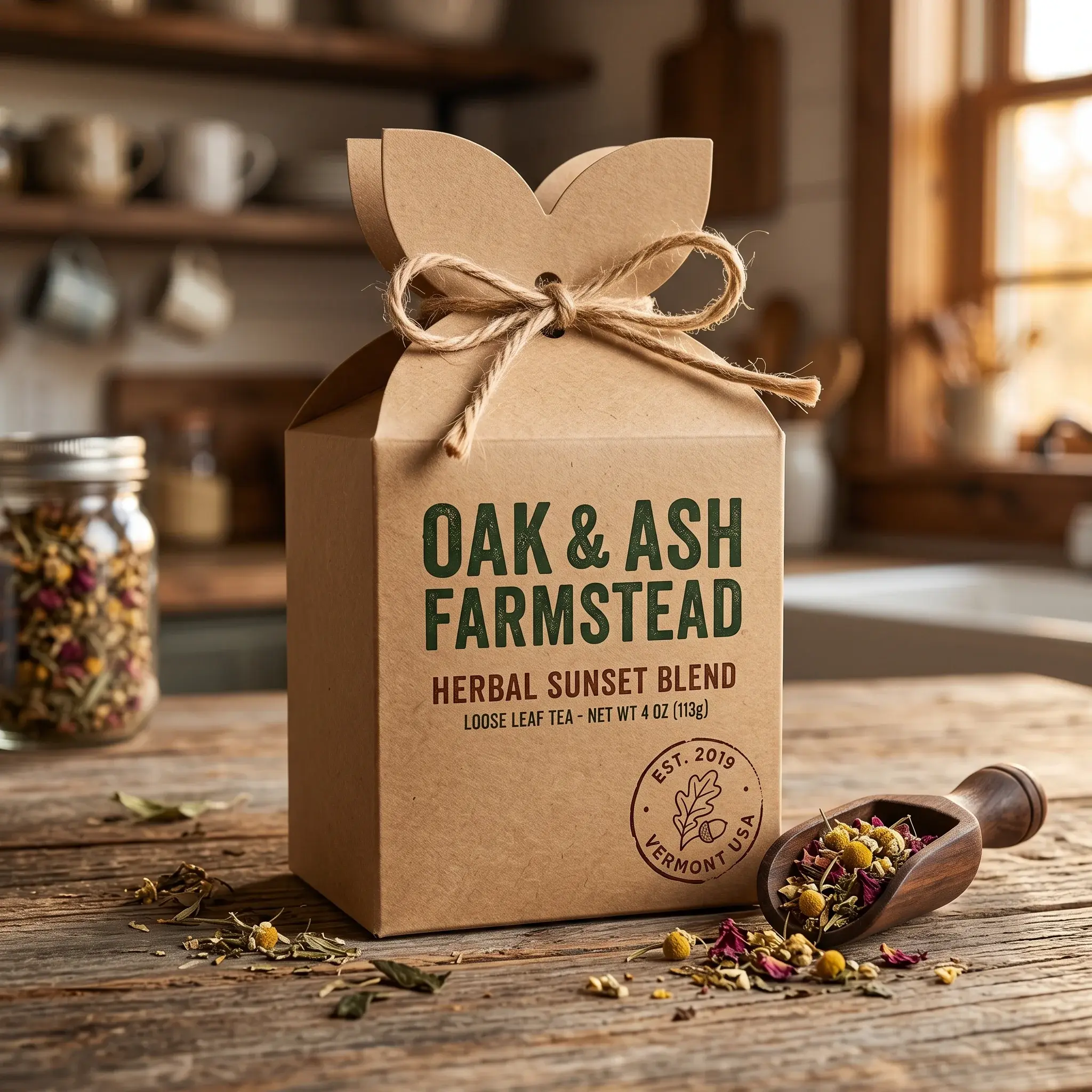 Kraft paper tea packaging box with twine bow featuring Oak & Ash Farmstead herbal blend, wooden scoop with loose tea on rustic kitchen counter
