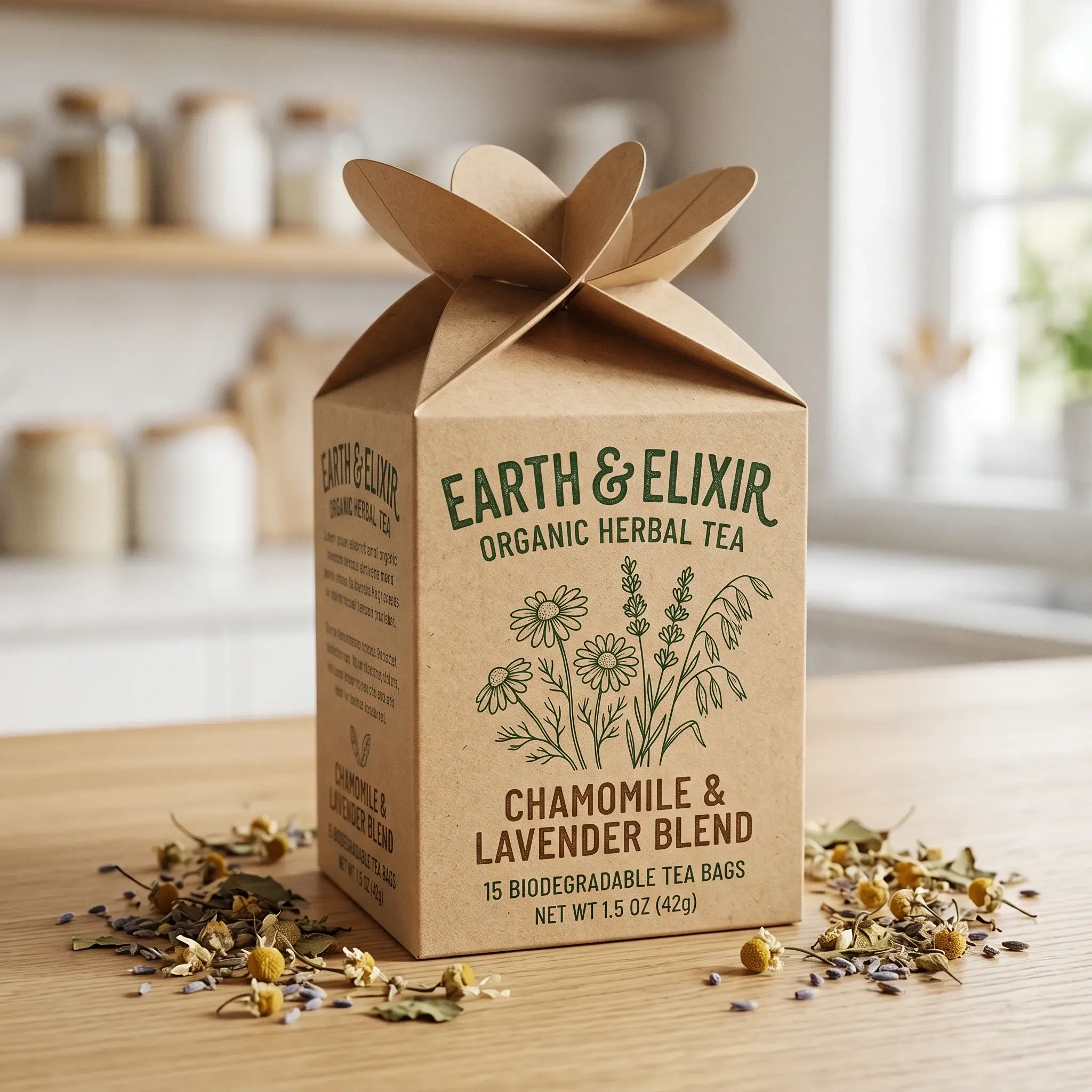 Eco-friendly kraft paper packaging box with floral bow top for chamomile lavender herbal tea, scattered dried herbs on wooden kitchen counter