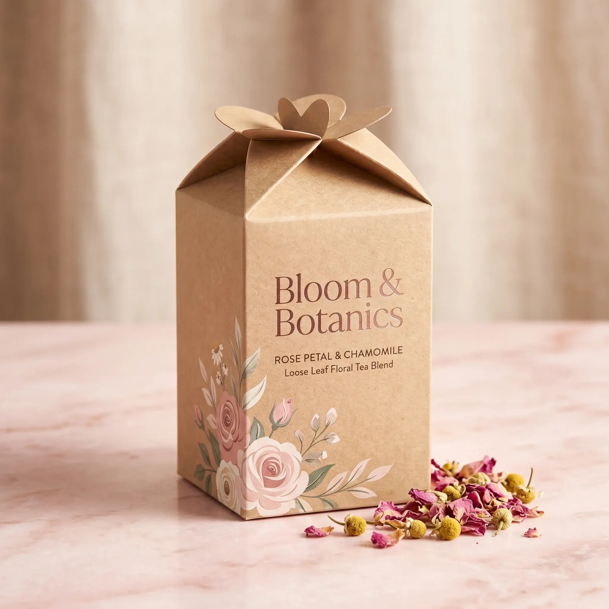 Kraft paper tea packaging box with floral design featuring rose petal chamomile blend, loose tea scattered beside elegant carton