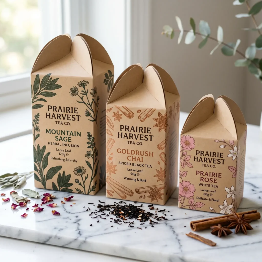 Three Prairie Harvest Tea Co. kraft paper packaging boxes with botanical designs on marble surface with loose tea leaves and spices
