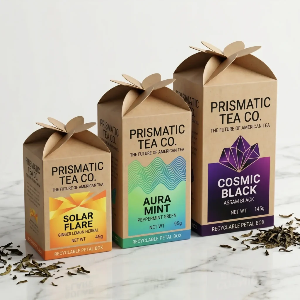 Three eco-friendly kraft paper tea packaging boxes by Prismatic Tea Co featuring colorful geometric designs on white marble surface with scattered ...