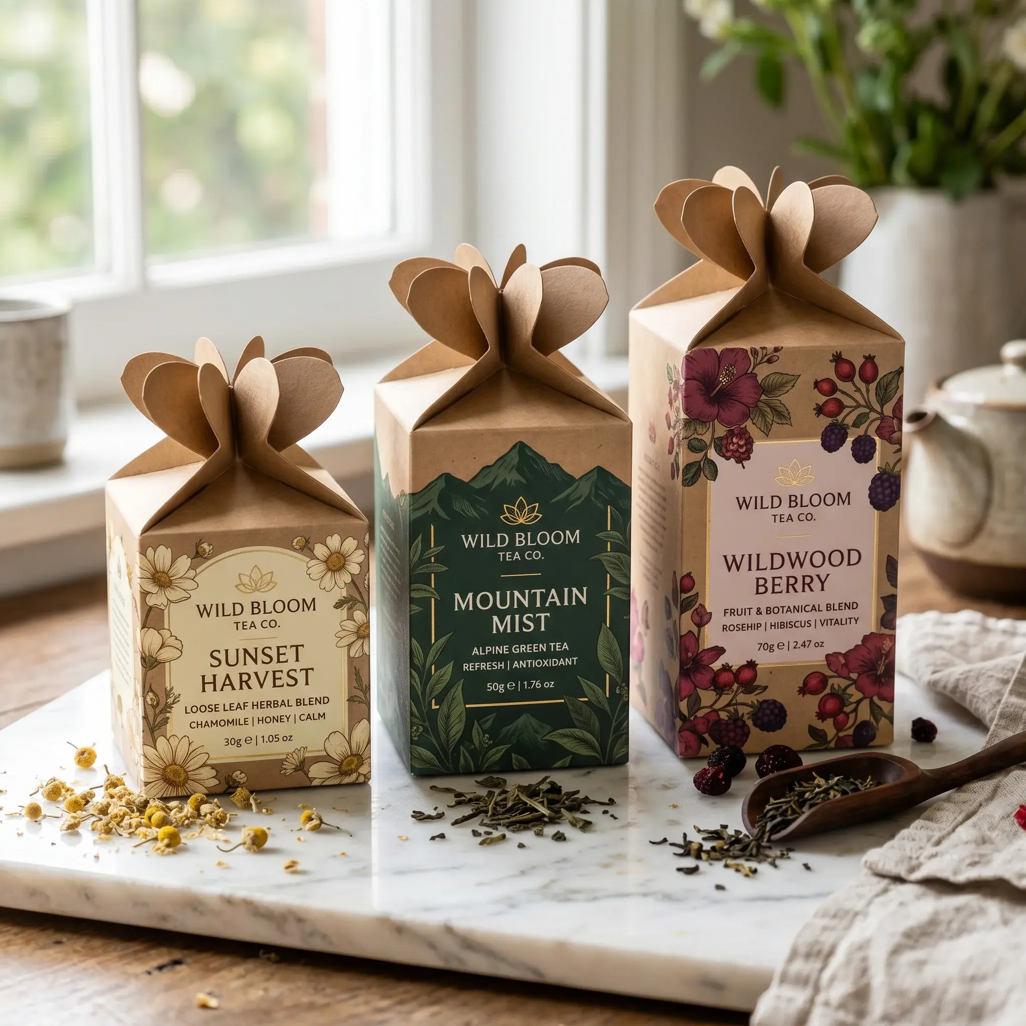 Three elegant kraft paper tea gift boxes with decorative bow tops from Wild Bloom Tea Co. featuring floral botanical packaging designs on wooden board