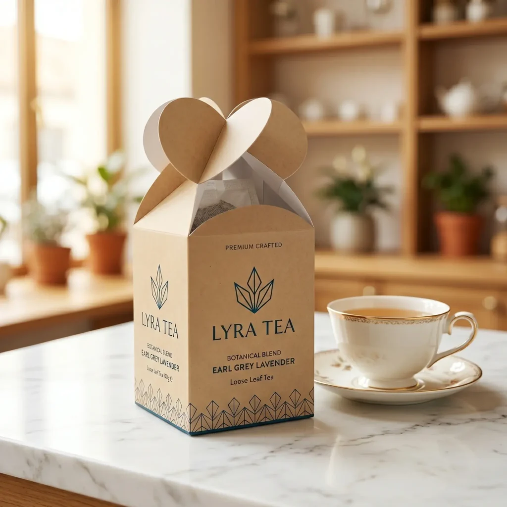 Premium kraft tea packaging box with botanical leaf design next to elegant white teacup on marble counter in bright kitchen