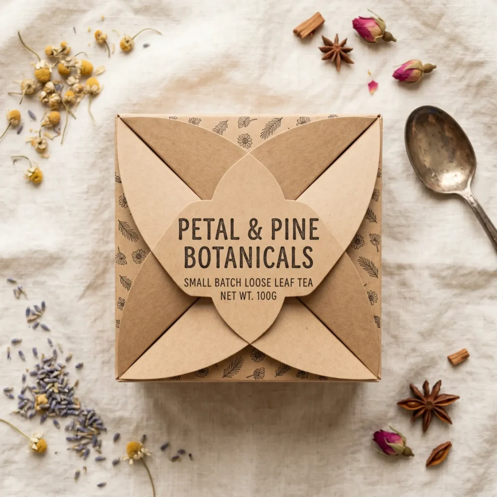 Petal & Pine Botanicals kraft paper tea packaging with botanical herbs, chamomile, lavender, cinnamon, star anise on marble surface