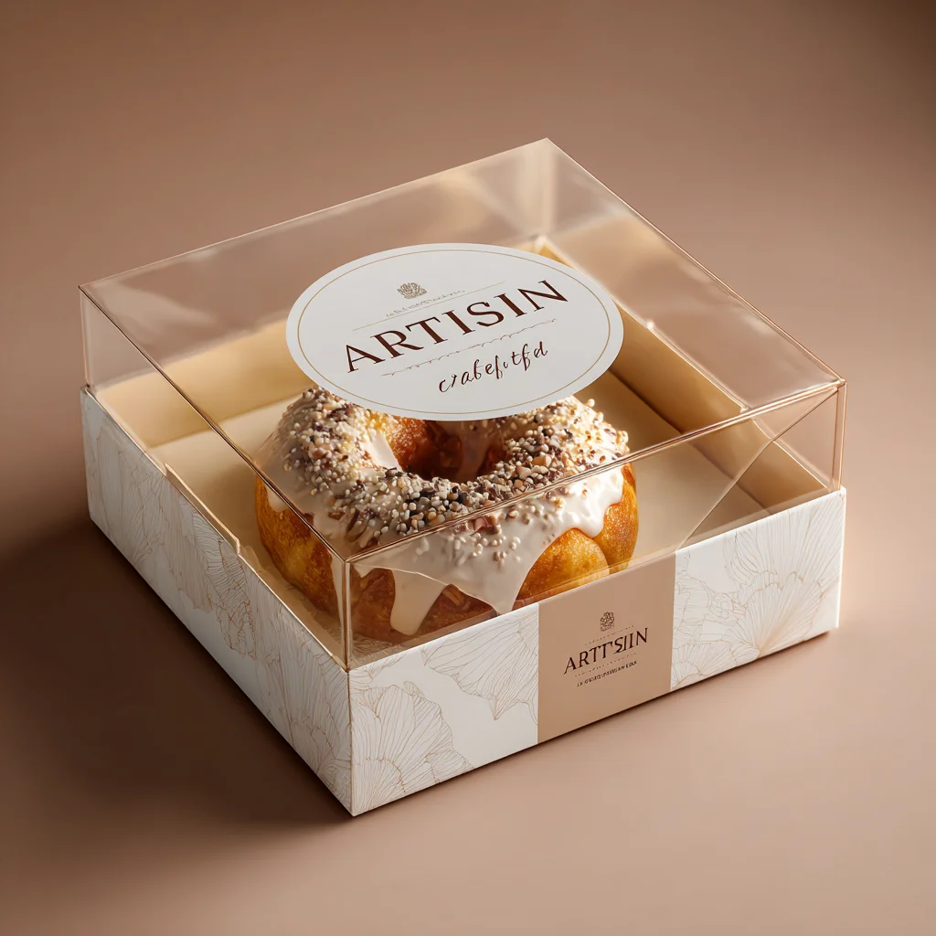 Artisan branded donut in clear plastic packaging box with white base and elegant branding label on brown background