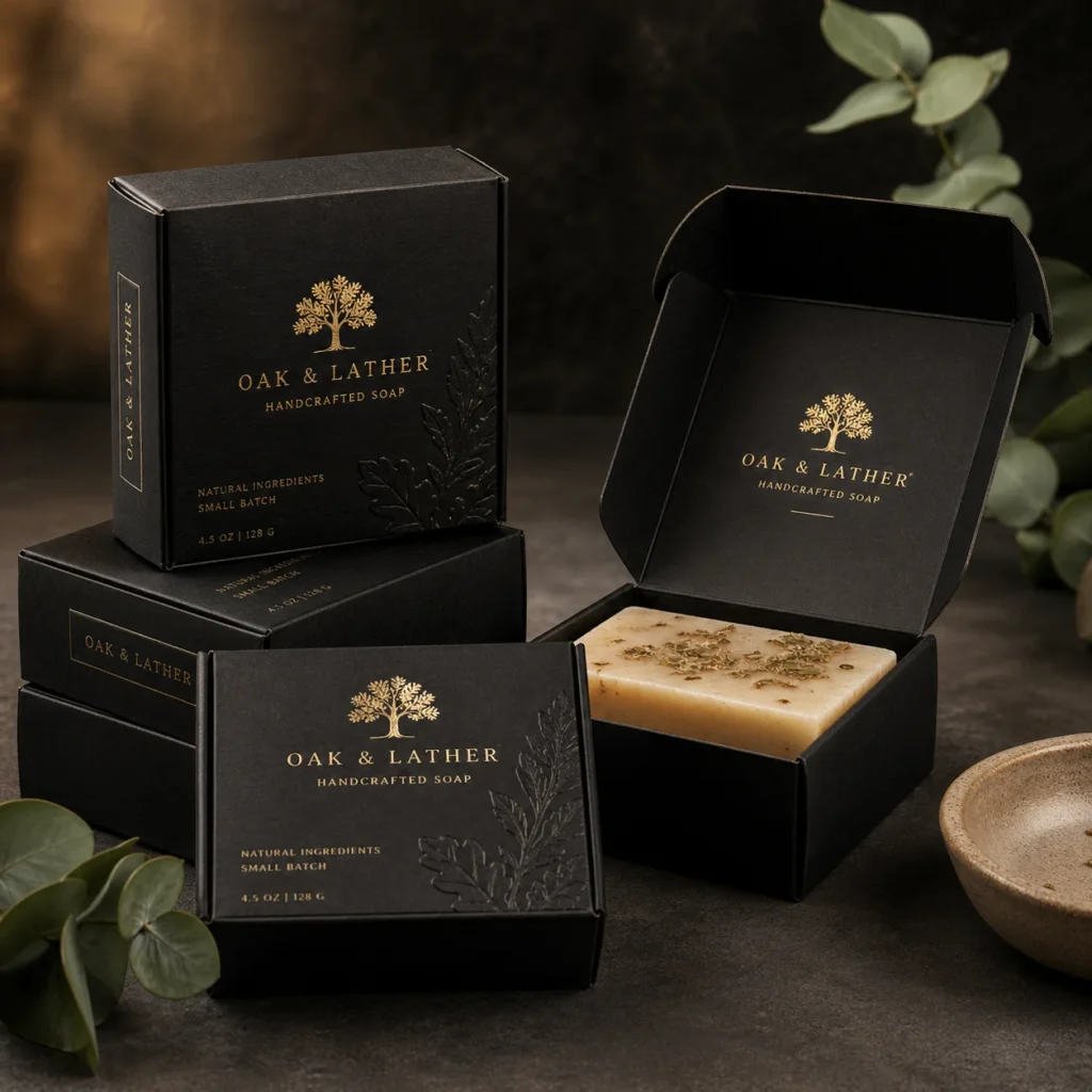 Luxury black soap packaging boxes with gold Oak & Lather branding, handcrafted soap bar visible, eucalyptus leaves and wooden bowl on dark surface