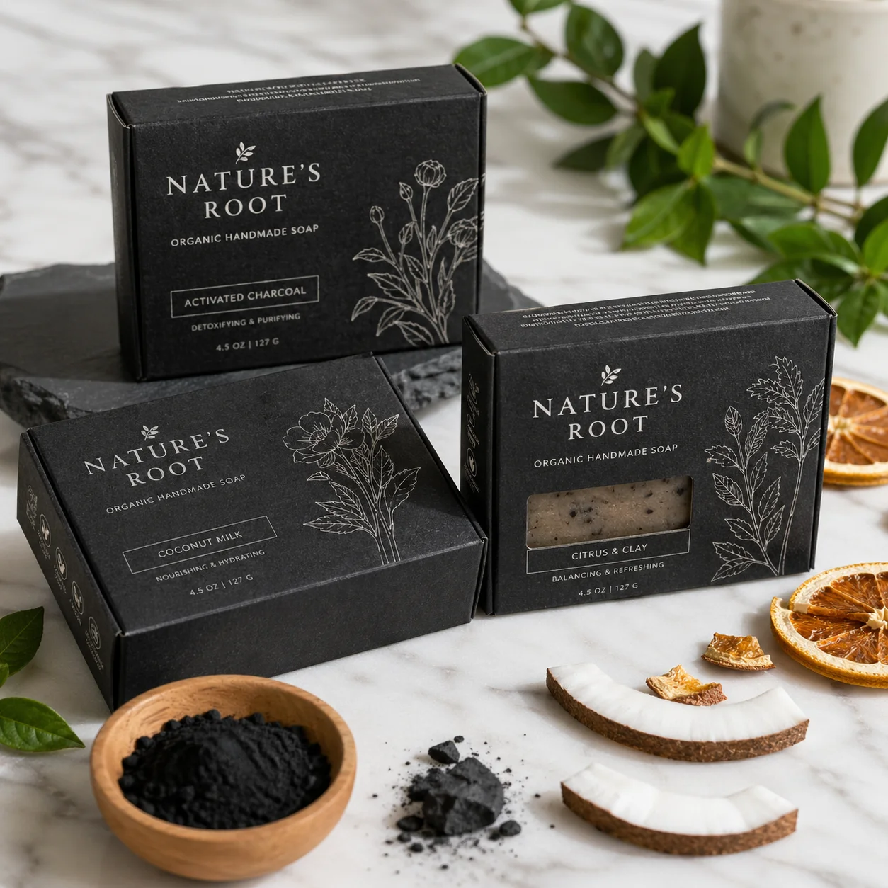 Nature's Root organic handmade soap boxes in black packaging with botanical illustrations, featuring activated charcoal, coconut milk, and citrus c...