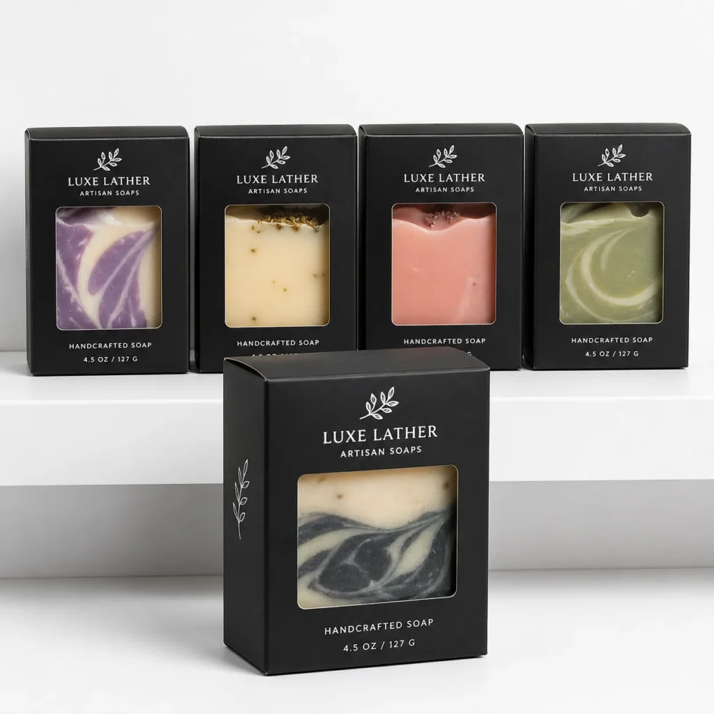 Five black luxury soap boxes with clear windows displaying colorful artisan handcrafted soaps in purple, cream, coral, green and marbled patterns