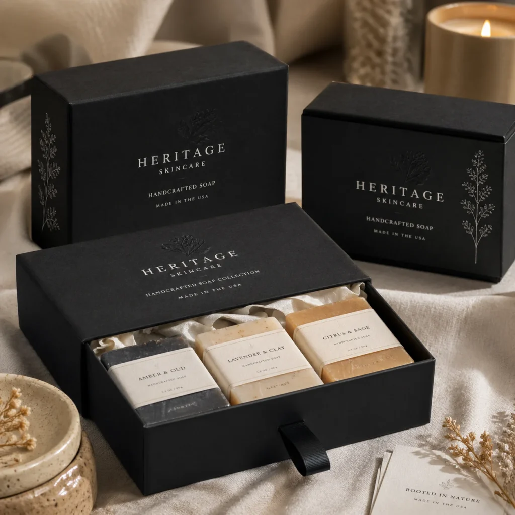 Heritage Skincare black luxury soap packaging boxes with handcrafted soap collection featuring Amber & Oud, Lavender & Clay, Citrus & Sage