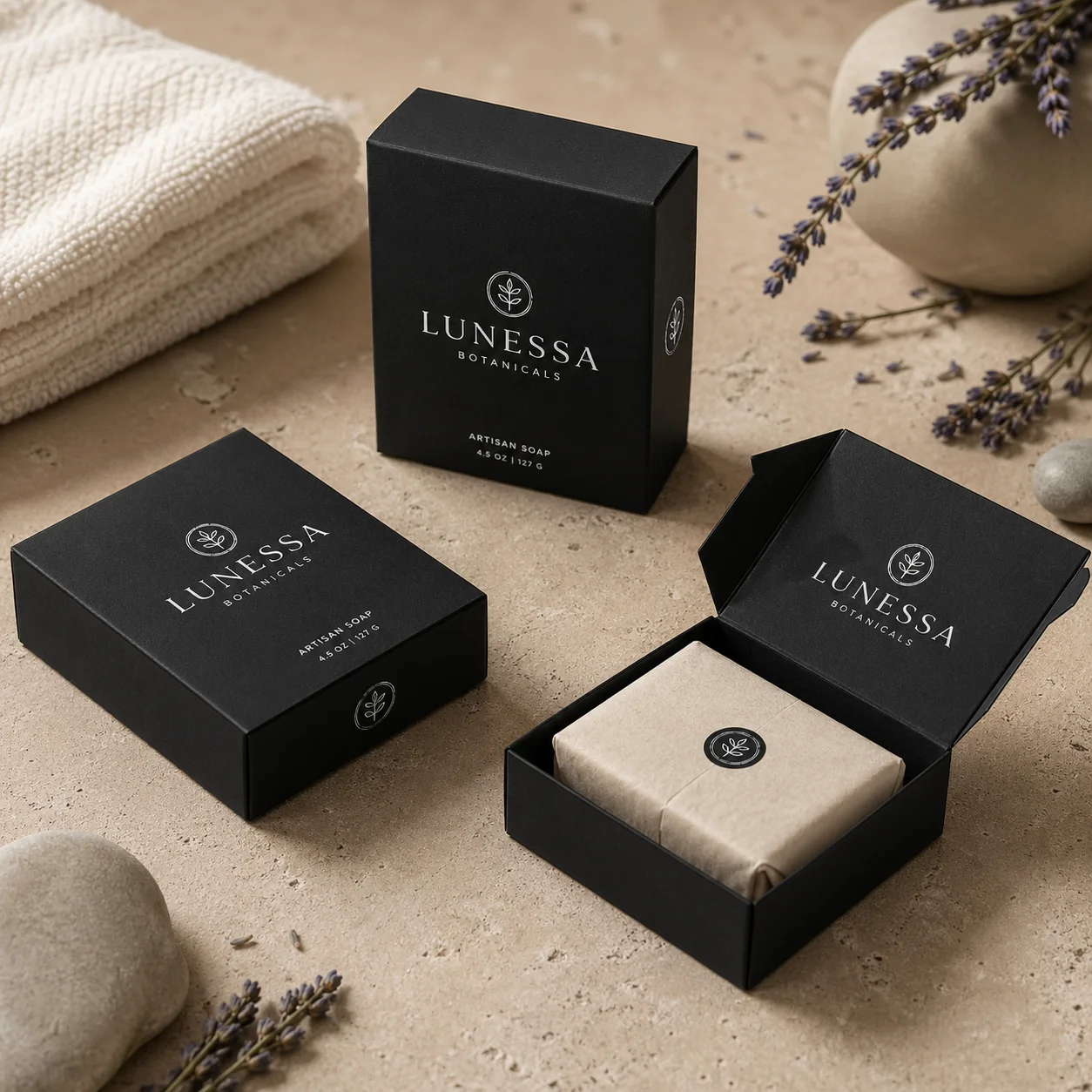 Luxury black soap packaging boxes for Lunessa Botanicals artisan soap with lavender sprigs on beige textured surface
