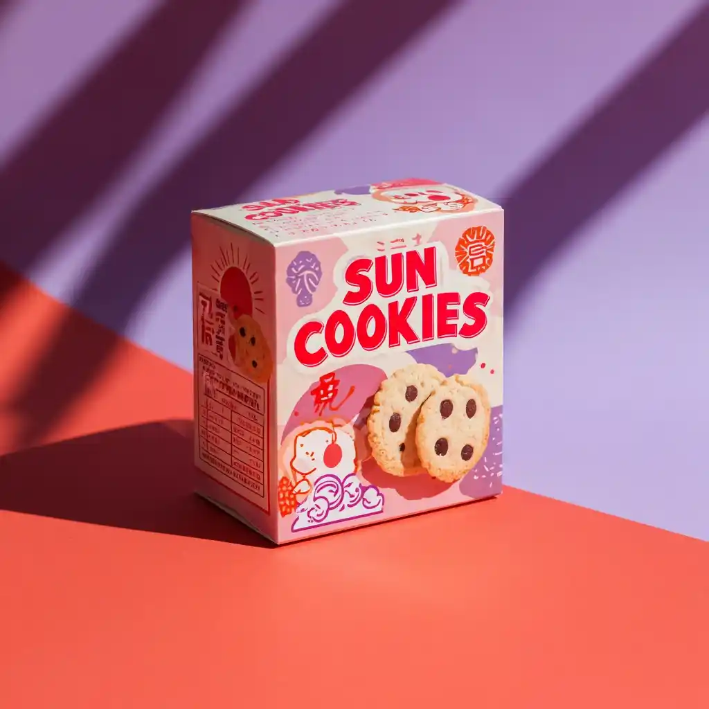 Sun Cookies colorful packaging design box with pink purple gradient background and cookie illustrations by packaging masters