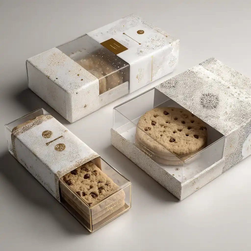 Premium white and gold cookie packaging boxes with transparent windows displaying chocolate chip cookies and elegant gift wrapping