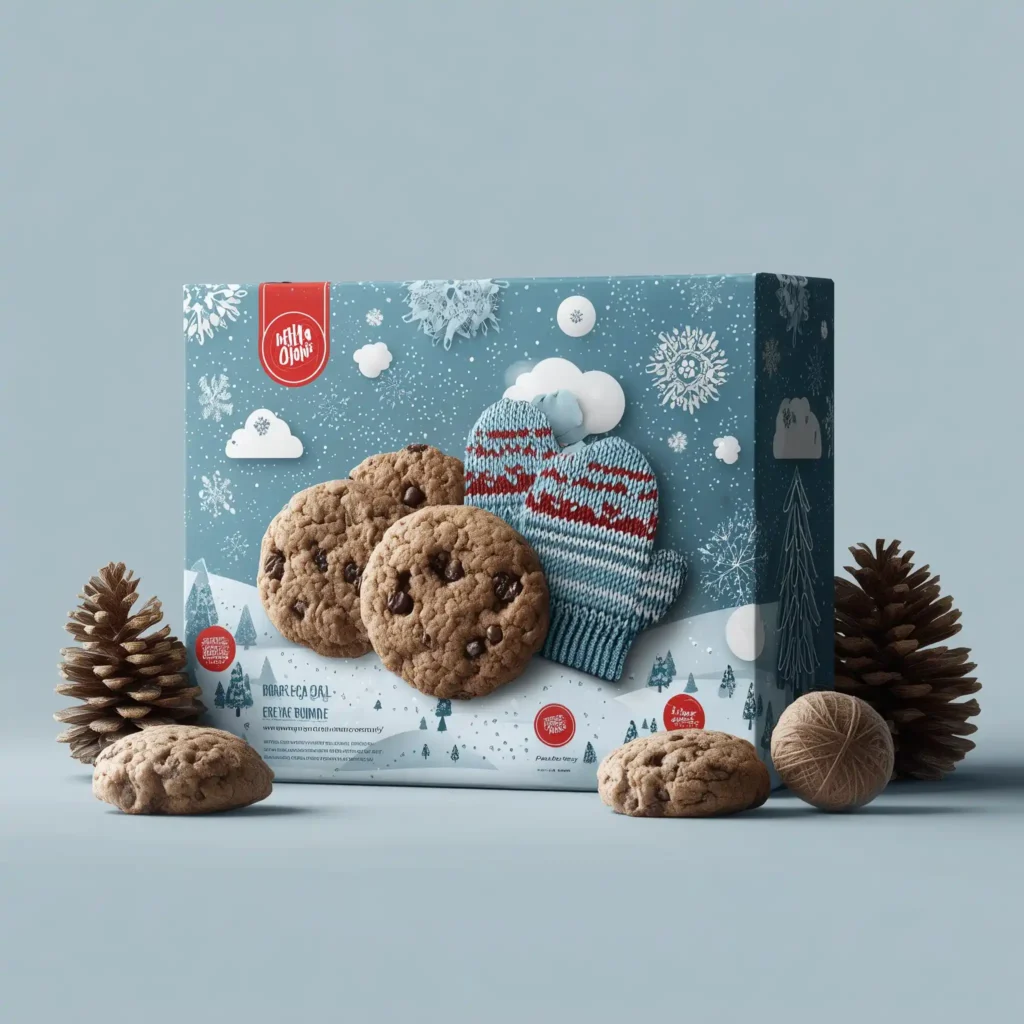 Winter holiday cookie gift box packaging with knitted mittens, chocolate chip cookies, pine cones and festive design
