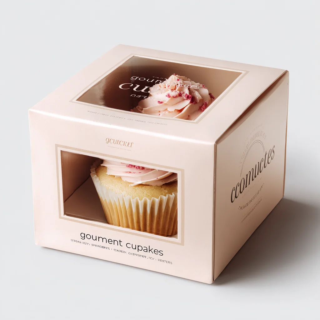 Elegant pink gourmet cupcake packaging box with window display showing frosted cupcake with strawberry topping