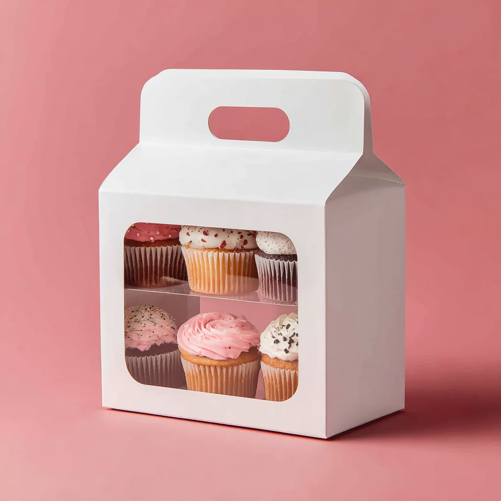 White cupcake box with handle displaying six colorful frosted cupcakes on pink background for bakery packaging
