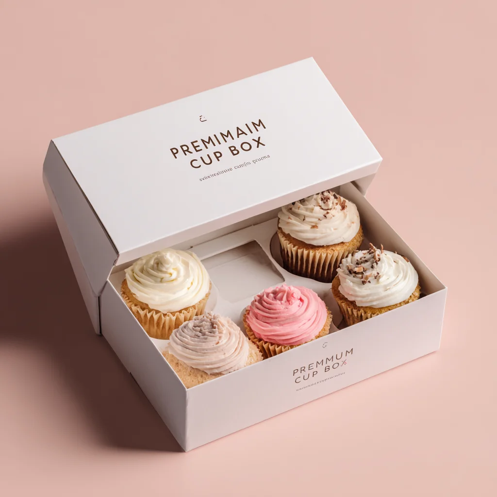 Premium white cupcake packaging box containing six decorated cupcakes with pink and white frosting on rose background