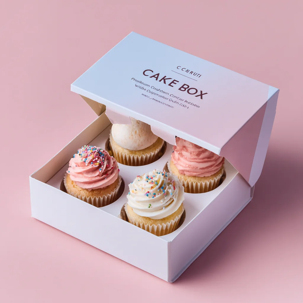 White cake box with four decorated cupcakes featuring pink and white frosting with colorful sprinkles on pink background