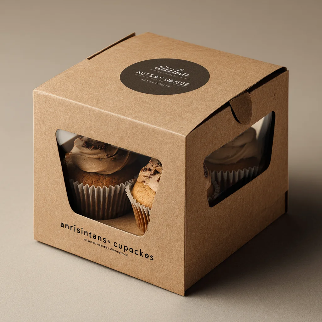 Kraft cardboard cupcake packaging box with clear windows displaying chocolate cupcakes with brown paper liners