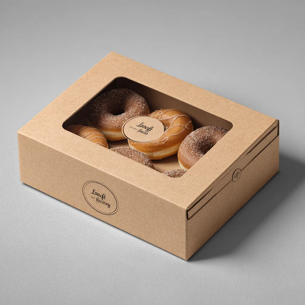 Kraft cardboard donut box packaging with window displaying assorted glazed donuts for bakery food delivery