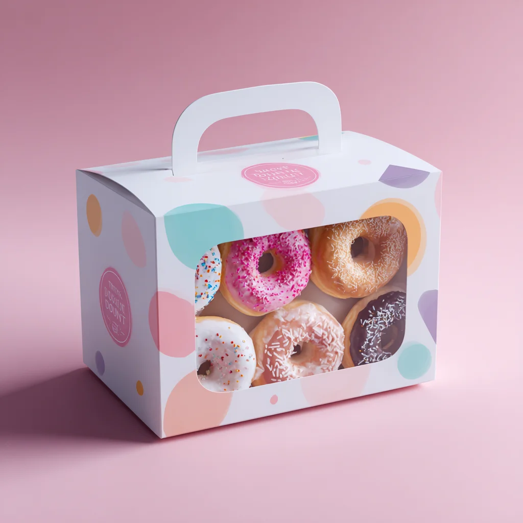 Colorful donut packaging box with handle displaying six glazed donuts through clear window on pink background