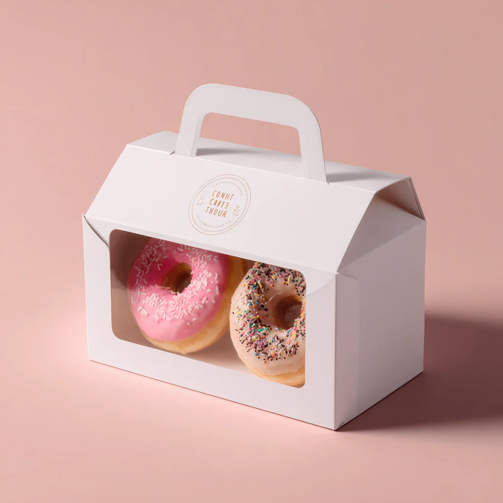 White cardboard donut box with handle displaying two glazed donuts - pink frosted and sprinkle-topped on pink background
