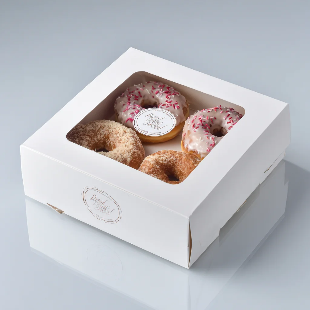 White bakery box with window displaying four assorted donuts - glazed with sprinkles and cinnamon sugar varieties