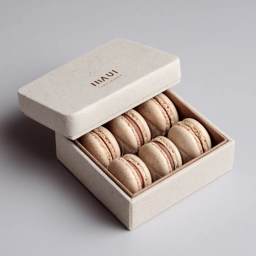 Luxury cream macaron gift box with eight beige macarons in elegant packaging design for premium confectionery branding