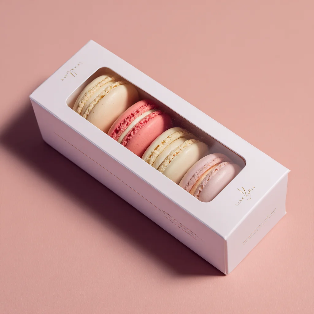 Elegant white macaron gift box packaging with four colorful macarons on pink background for luxury confectionery branding