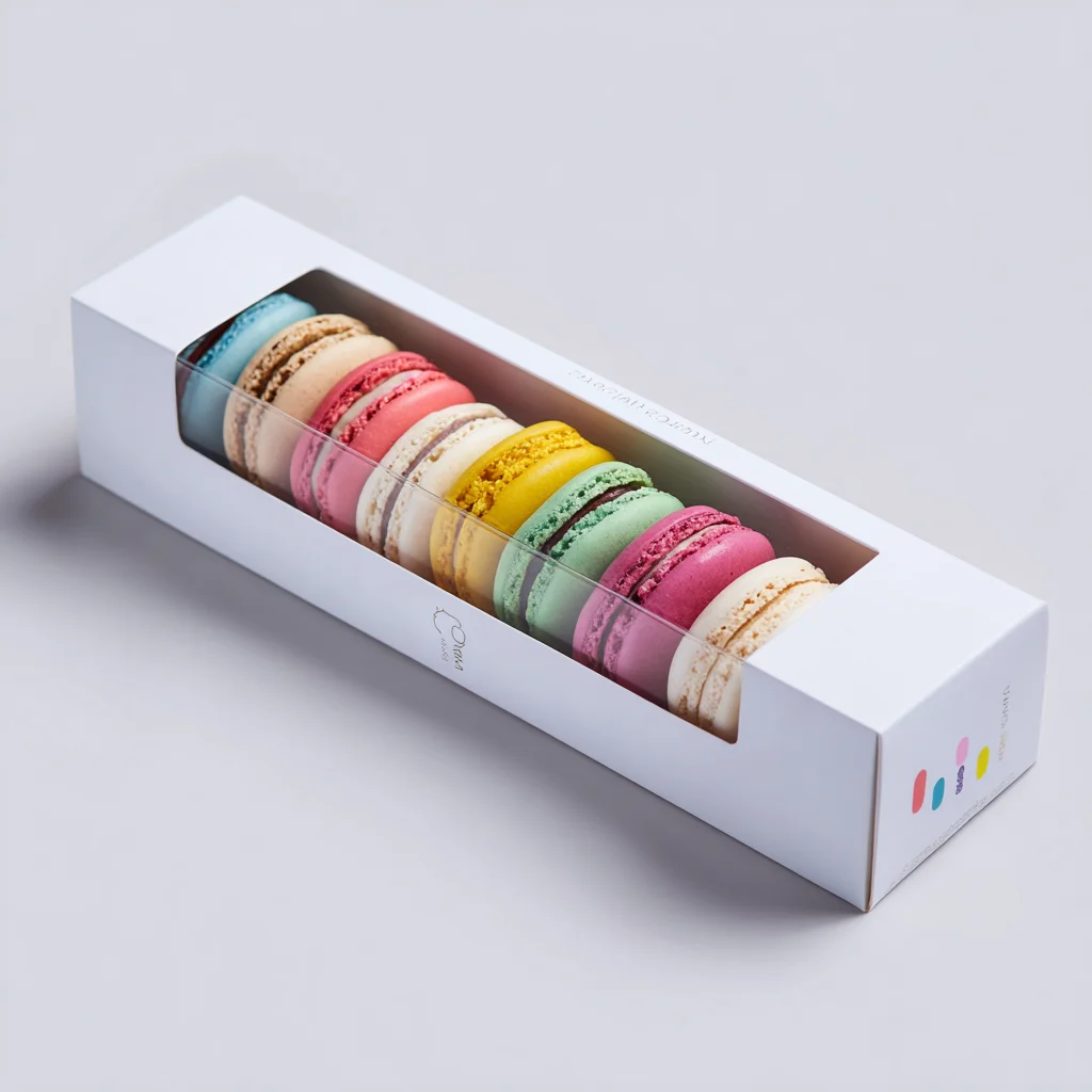 Colorful macarons in white gift box with clear window displaying assorted flavors for gourmet packaging design