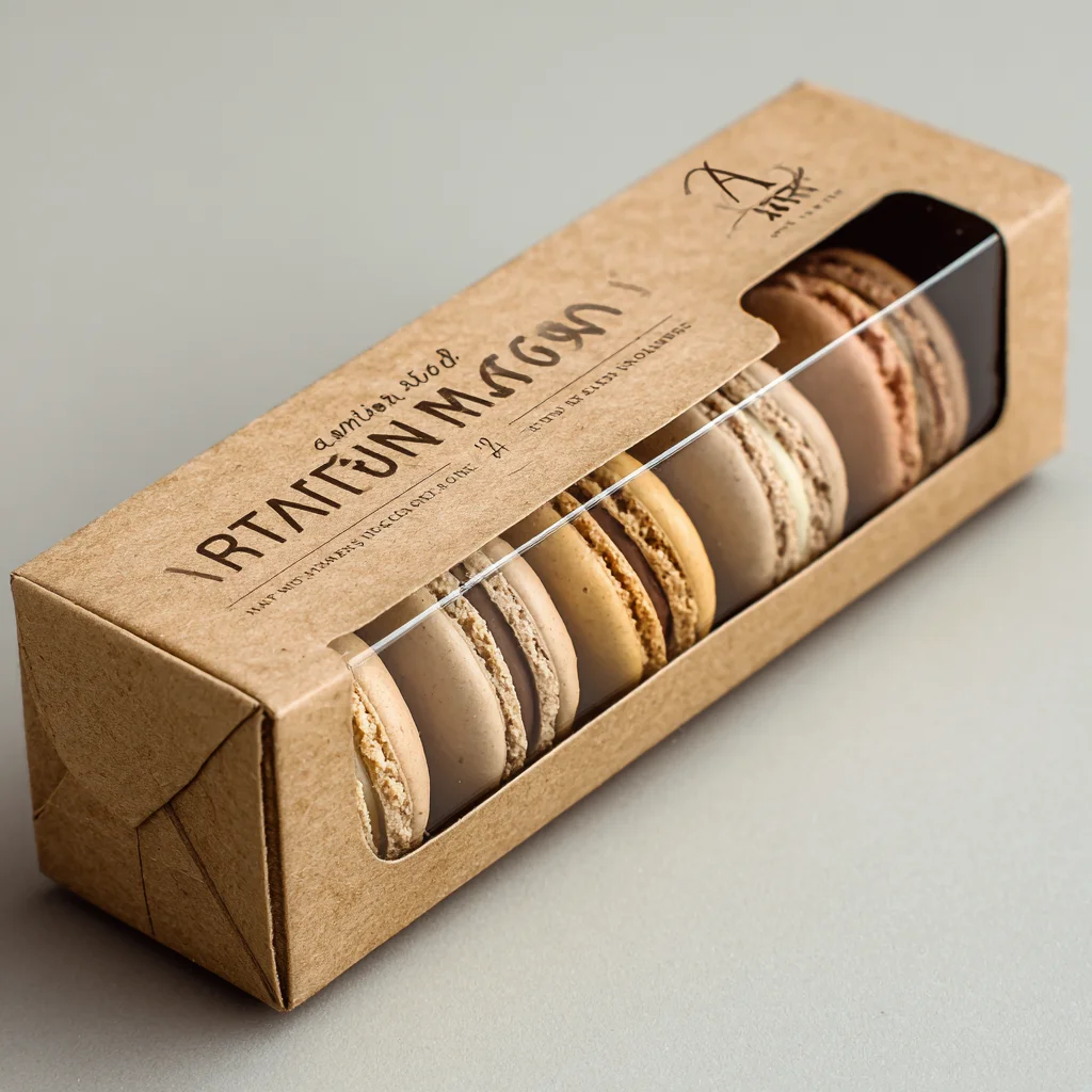 Kraft cardboard macaron packaging box with window displaying colorful French macarons in sustainable food packaging design