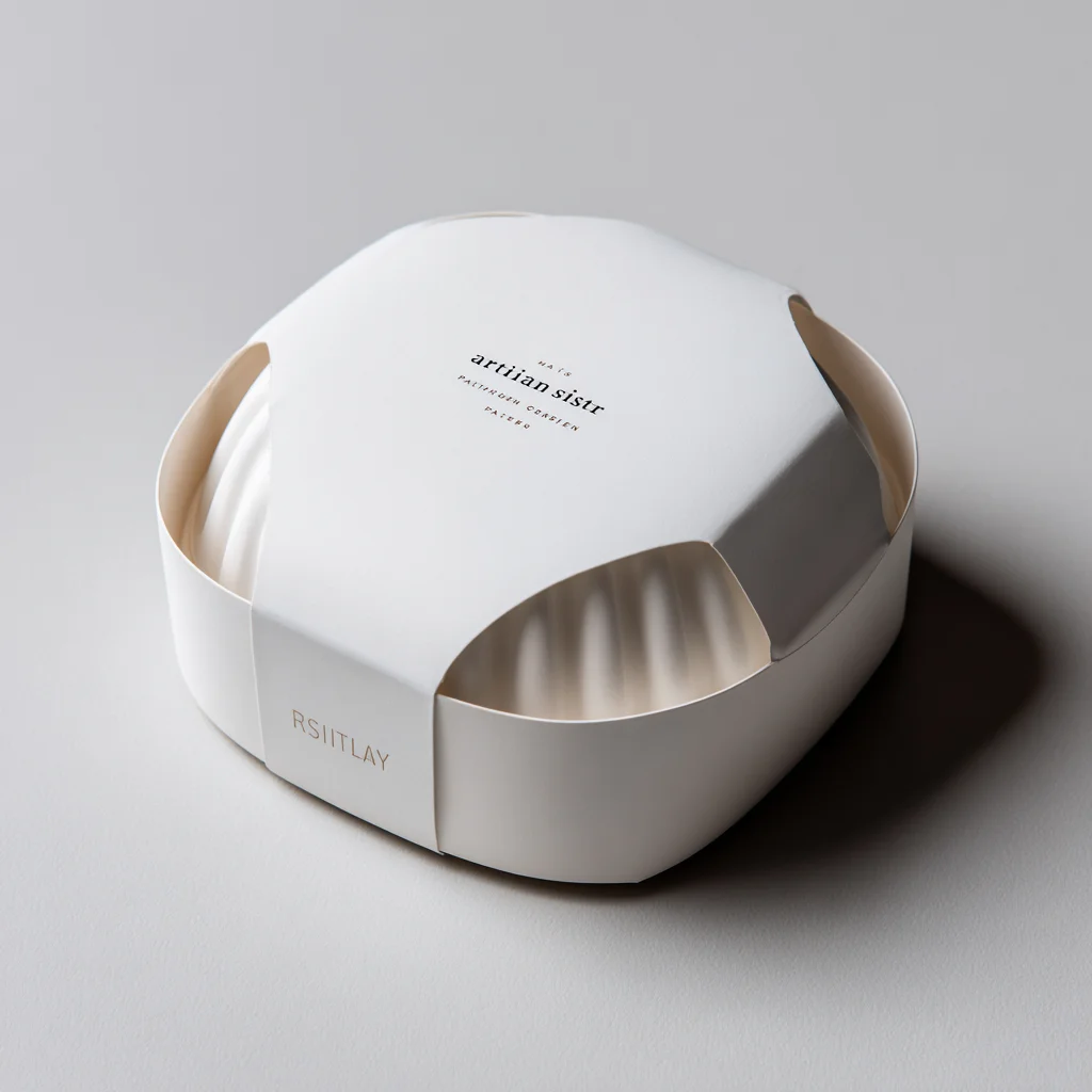 Modern white luxury cosmetic packaging box with golden accents and minimalist design for premium beauty products