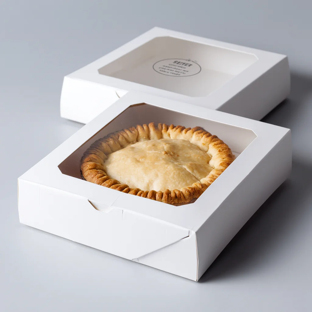 White bakery boxes with window displaying golden pie - custom food packaging solutions for pastries and baked goods
