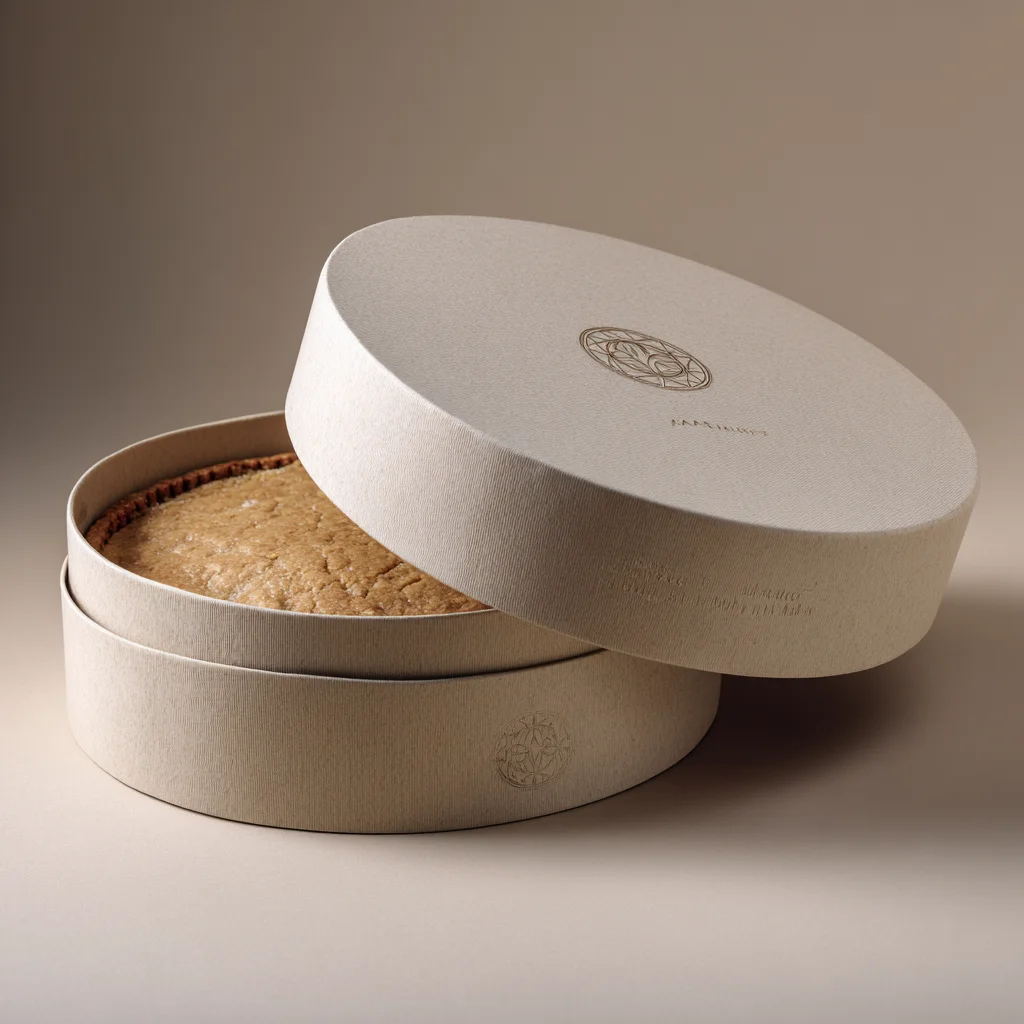 Luxury round cake packaging box with white embossed lid revealing golden cake inside on beige background