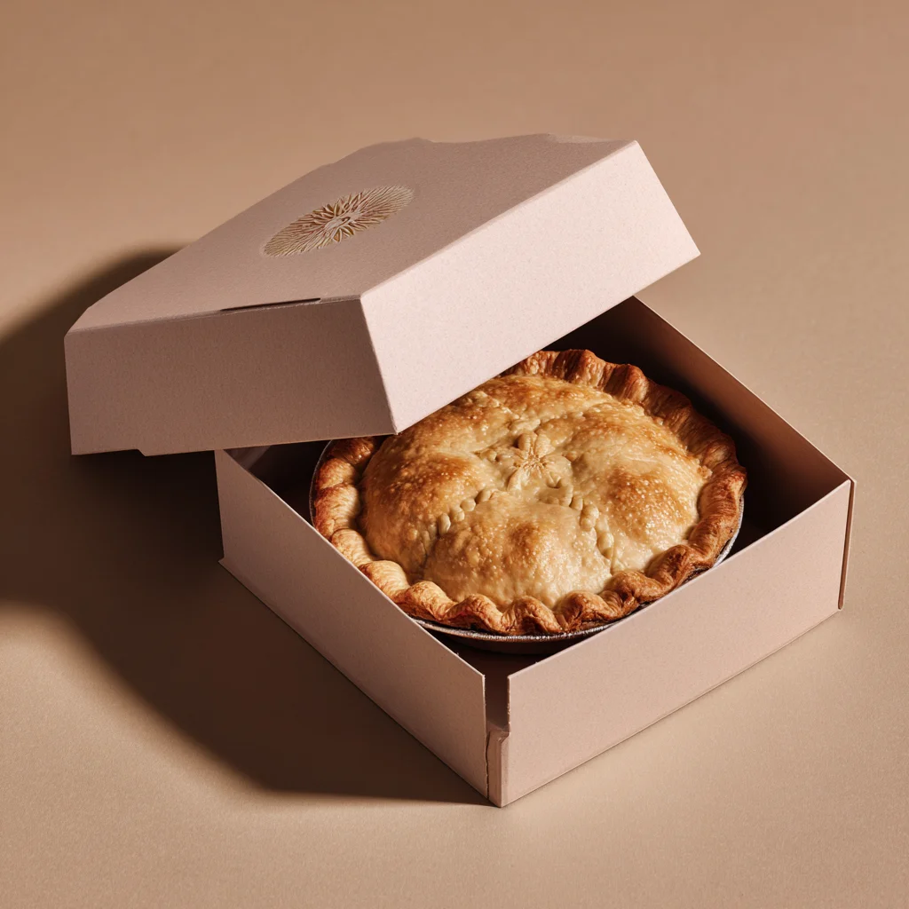 Golden baked pie in custom brown packaging box with decorative logo on beige background for food delivery branding