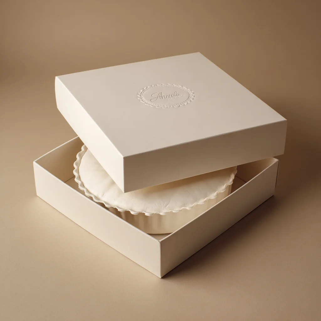 Luxury white gift box packaging with embossed logo and tissue paper insert on neutral background