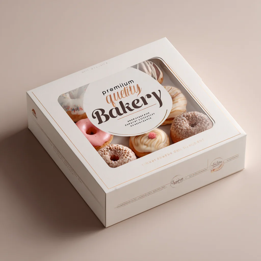 Premium quality bakery box with window displaying assorted donuts in elegant white packaging design