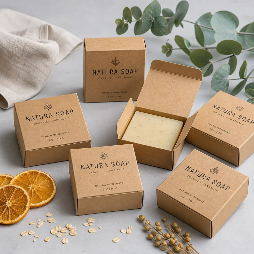 Natural kraft cardboard soap packaging boxes with NATURA SOAP branding, eucalyptus leaves, dried oranges, and oats on white background