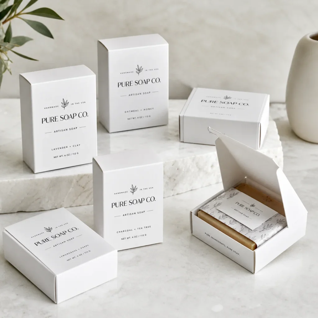 Pure Soap Co. artisan soap boxes in minimalist white packaging displayed on marble surface with botanical elements