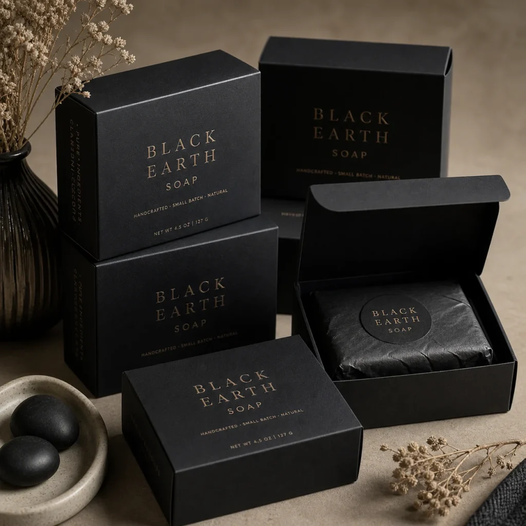 Luxury black soap packaging boxes with gold lettering displayed on neutral background with dried flowers and ceramic bowl