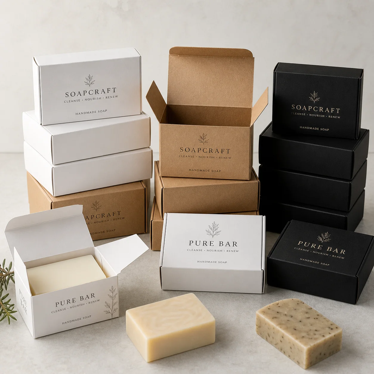 Premium handmade soap packaging boxes in white, kraft brown, and black featuring SOAPCRAFT and PURE BAR branding with natural soap bars displayed