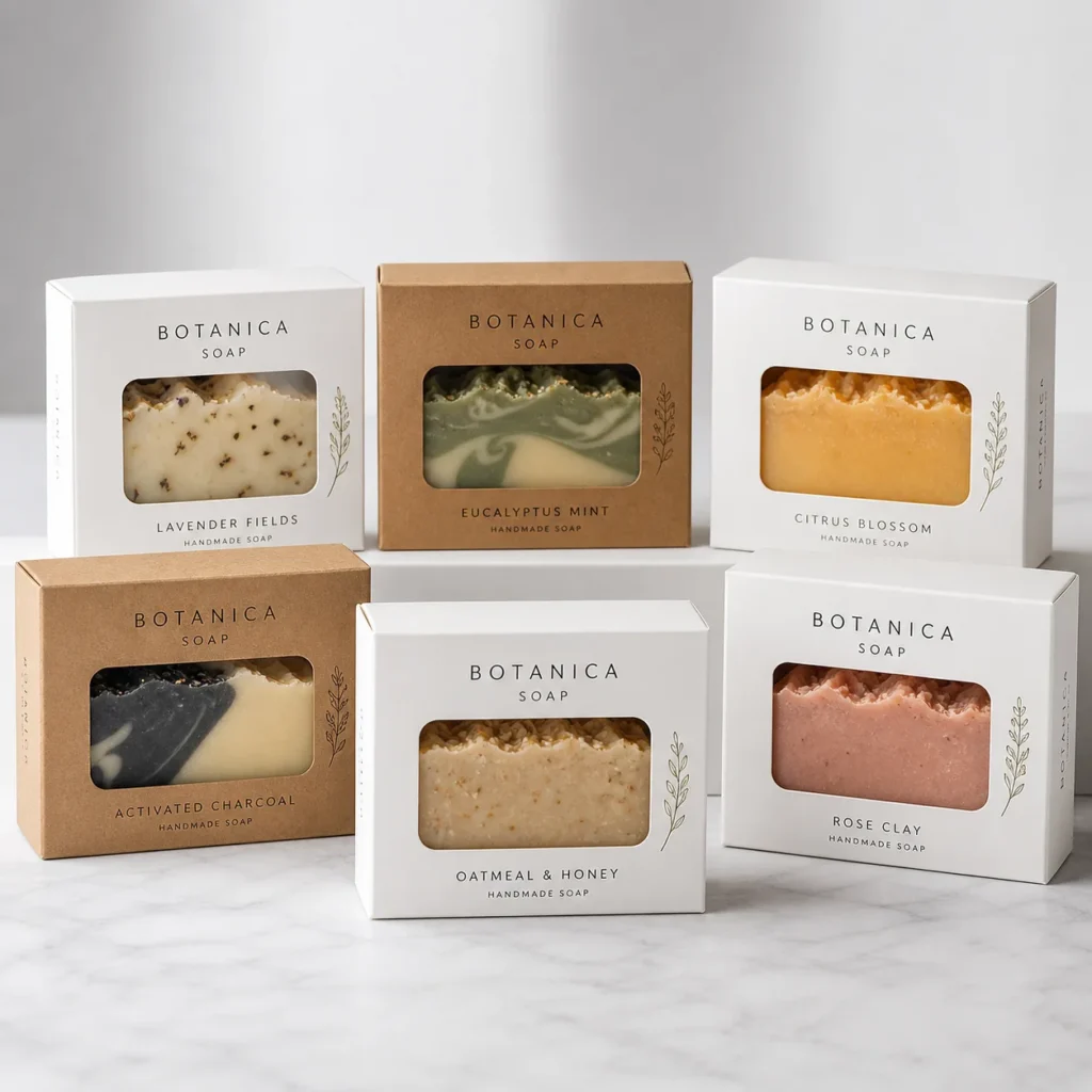 Six handmade botanical soap bars in white and kraft packaging boxes with clear windows, featuring lavender, eucalyptus mint, citrus blossom, charco...