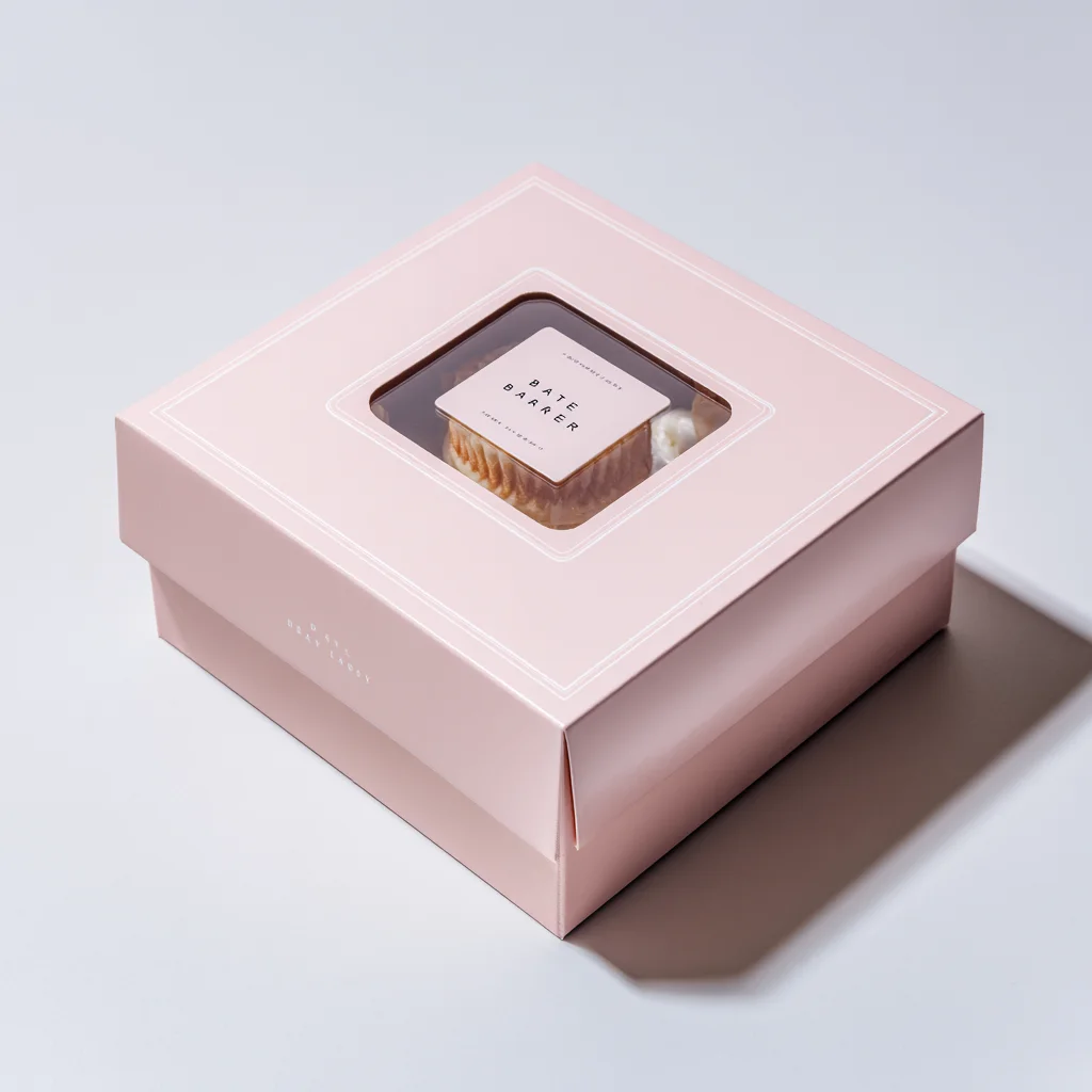 Pink bakery box with clear window displaying cupcakes, premium pastry packaging design for dessert retail branding