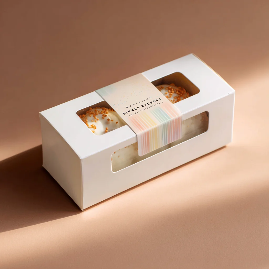 White rectangular donut packaging box with clear windows displaying frosted donuts, featuring colorful striped label on beige background
