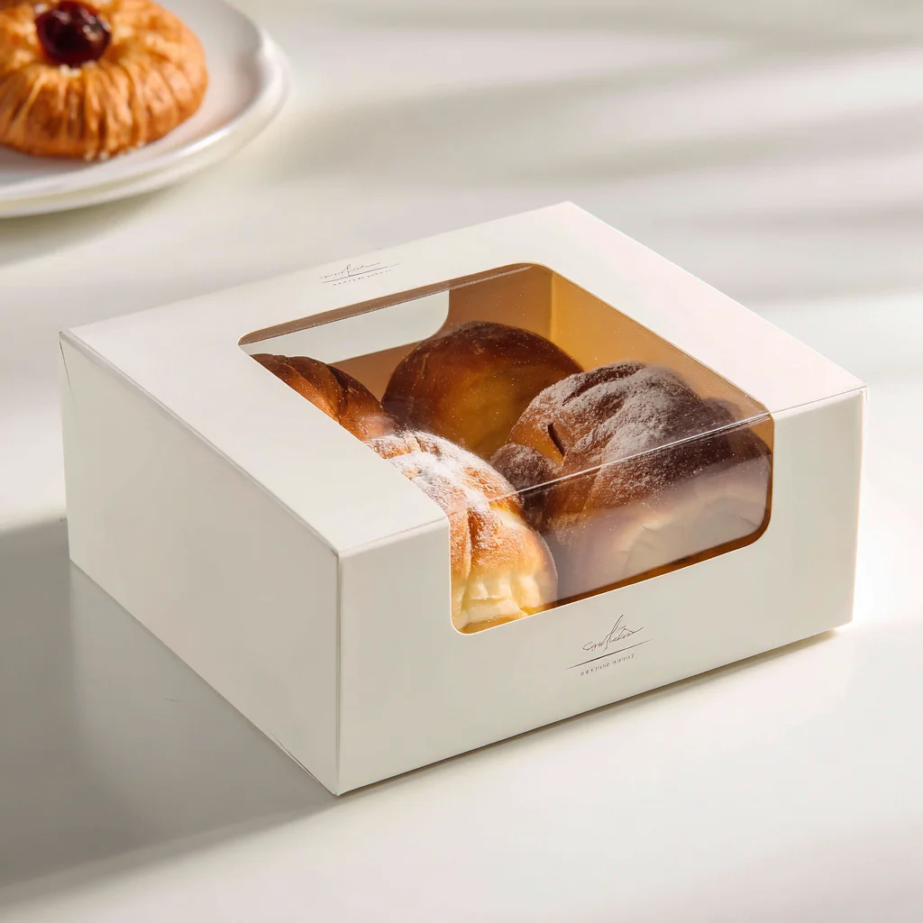 White bakery box with clear window displaying assorted pastries and donuts for premium food packaging