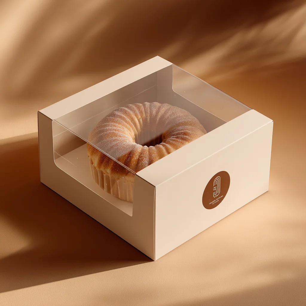 Elegant beige bakery box packaging with clear window displaying golden bundt cake on warm neutral background